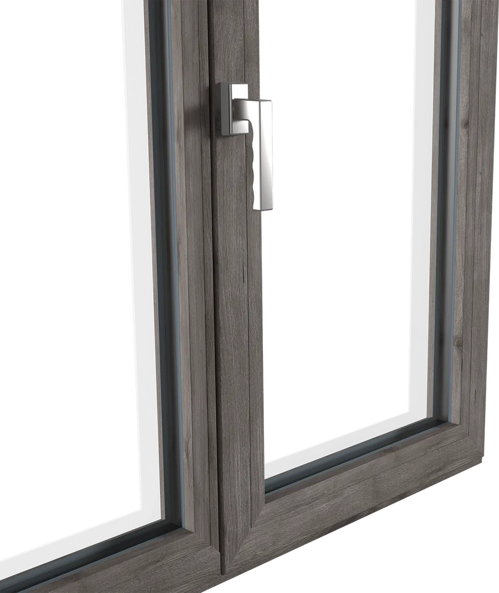 Render di un infisso a due ante in finitura legno grigio con maniglia cromata